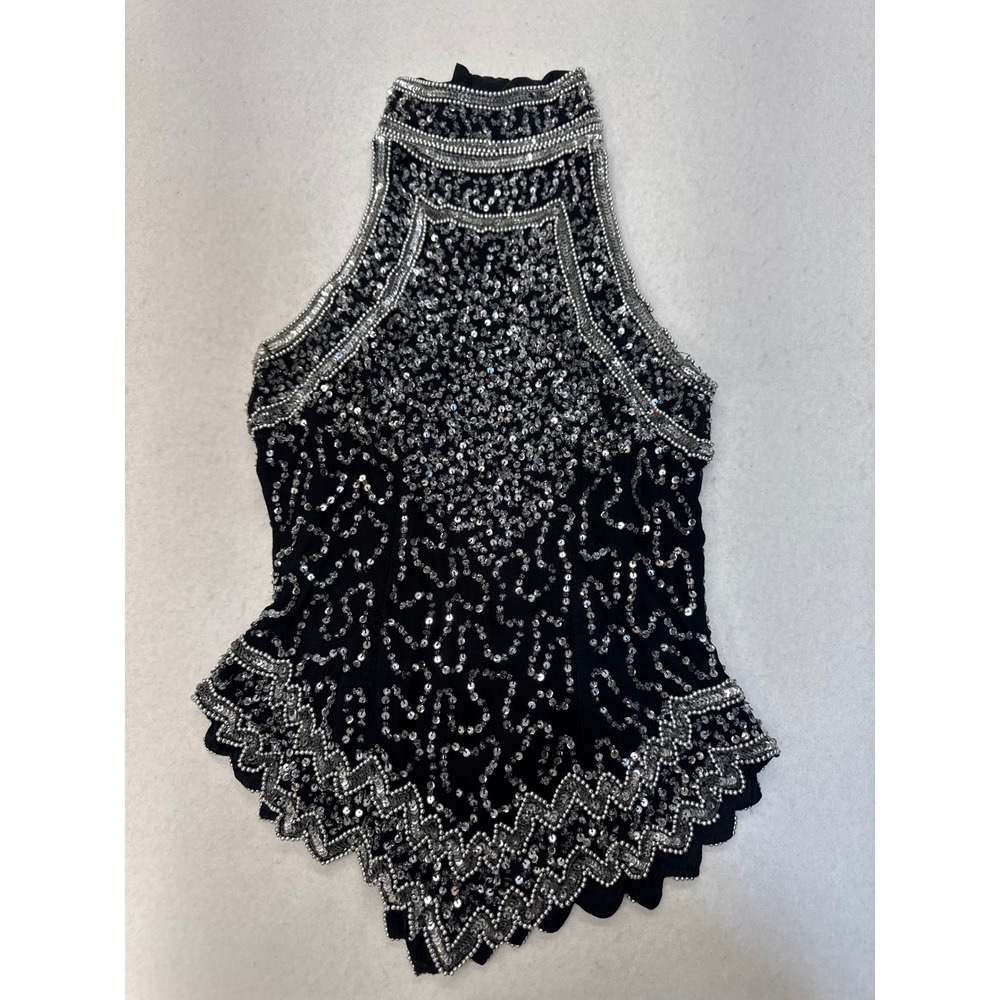 Styleworks ,Vintage Black Silver Sequin Beaded Halter Top Scalloped Hem Size S